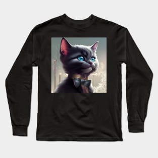 Elegant Grey and White Cat With a Black Bow Tie | White and grey cat with blue eyes | Digital art Sticker Long Sleeve T-Shirt